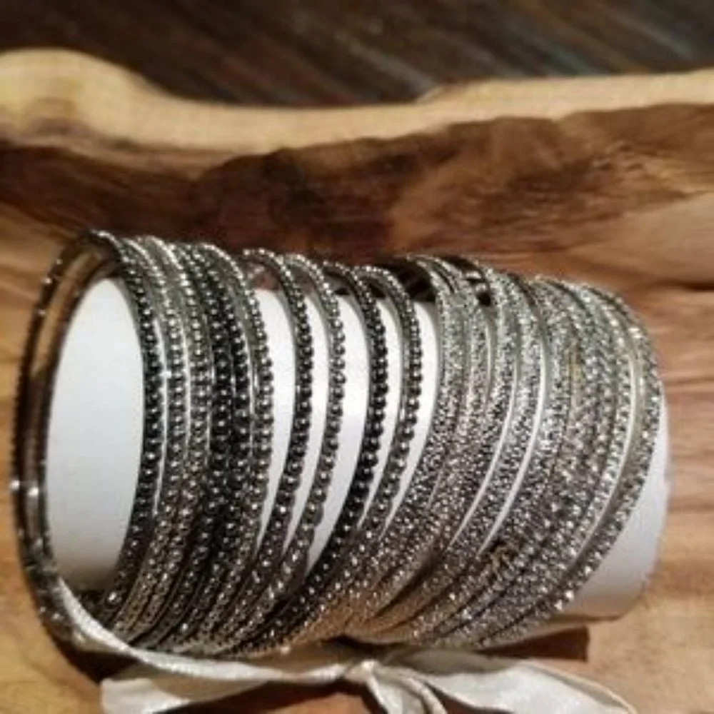 AMRITA SINGH stack bangle set of 19. Silver, Gun Metal & Austrian Crystals.